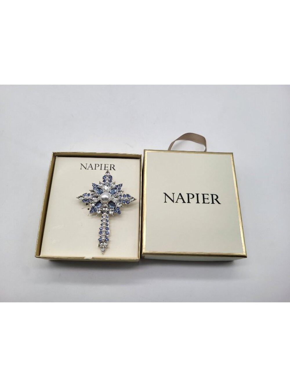 NAPIER Silver Tone 3D Cross Brooch Rhinestones Faux Pearls Blue Clear Religious - Picture 1 of 7
